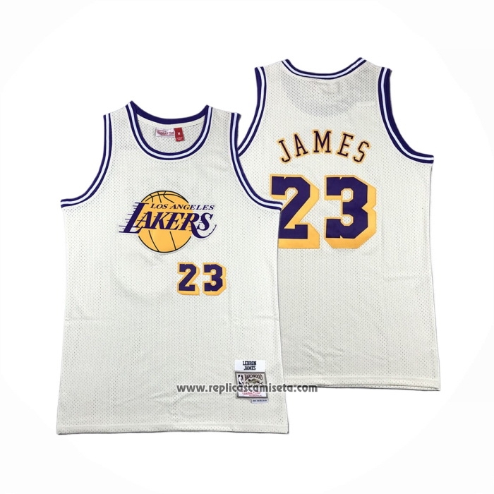 Camiseta Los Angeles Lakers Lebron James #23 Mitchell & Ness Chainstitch Crema